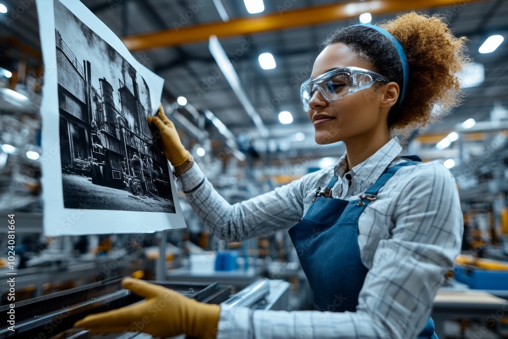A worker in a modern factory, glancing at an old black-and-white photo of a factory from the industrial revolution A worker in a modern factory, glancing at an old black-and-white photo of a factory from the industrial revolution