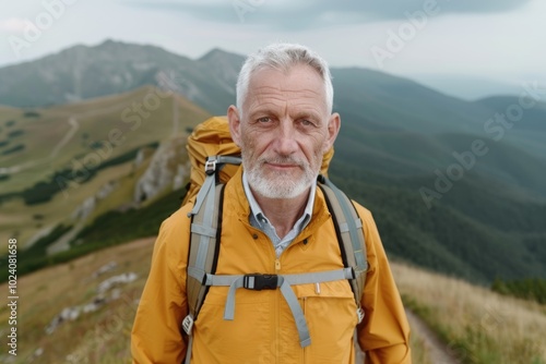 Senior Man Hiking Up a Mountain Trail Embracing Nature's Beauty and Adventure