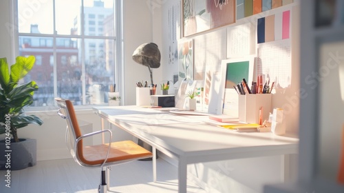 Cozy Creative Office Workspace with Desk, Supplies, and City View