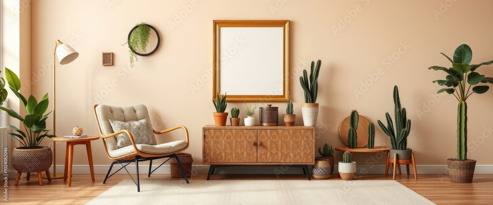 Fototapeta premium Retro living room with vintage chair, cacti, and gold poster frame. Beige walls. AI generate.