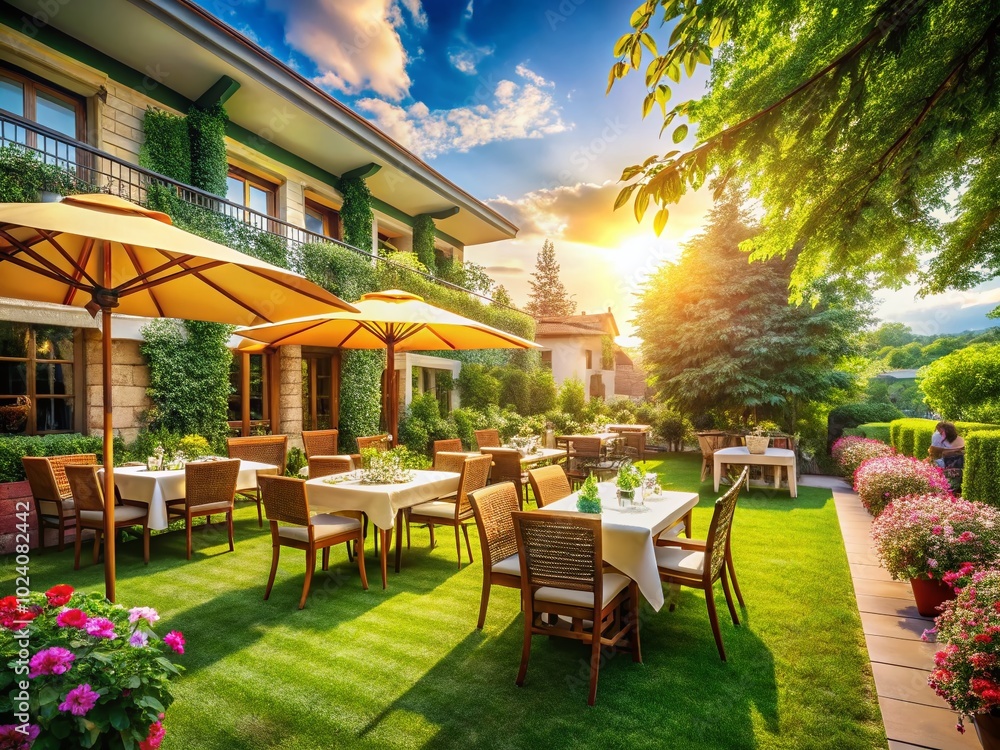 Fototapeta premium Charming Restaurant with Summer Terrace and Lush Green Lawn on a Sunny Day, Perfect for Outdoor Dining and