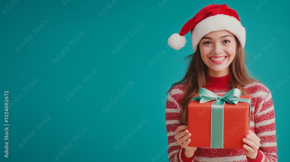 A cheerful woman in a festive sweater and Santa hat joyfully presents a beautifully wrapped Christmas gift against a bright blue background A cheerful woman in a festive sweater and Santa hat joyfully presents a beautifully wrapped Christmas gift against a bright blue background