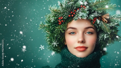 A joyful woman wears a festive Christmas wreath on her head against a green backdrop filled with snowflakes celebrating the holiday spirit