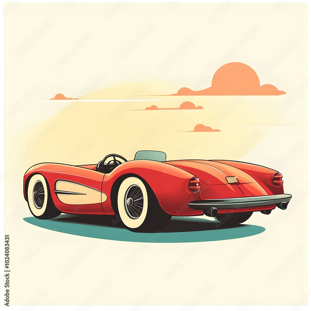 Red Classic Convertible Sports Car with Sunset in Background Red Classic Convertible Sports Car with Sunset in Background