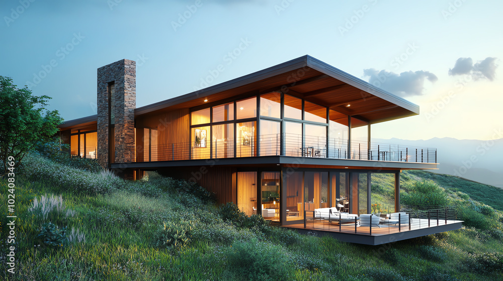 Obraz premium Modern house surrounded by lush greenery