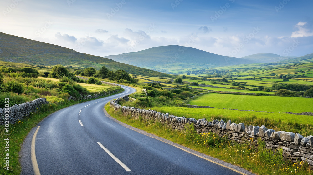 Naklejka premium A winding road through the Irish countryside, bordered by stone walls and vibrant green fields, leading towards distant hills under a soft blue sky, tranquil and inviting mood