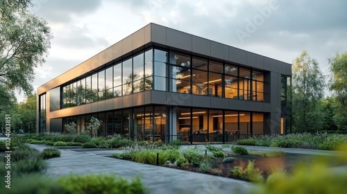 Wallpaper Mural Modern office building with large glass windows and a landscaped garden in front. Torontodigital.ca