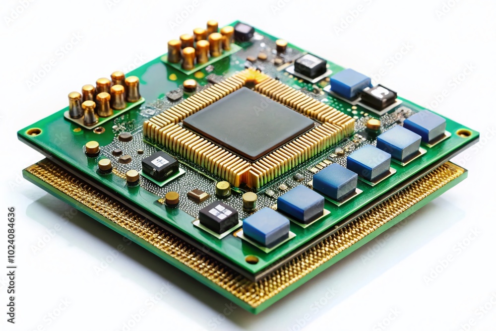 Closeup of Embedded CPU Module with Integrated Chips and Connectors Isolated on White Background for Technology and Closeup of Embedded CPU Module with Integrated Chips and Connectors Isolated on White Background for Technology and