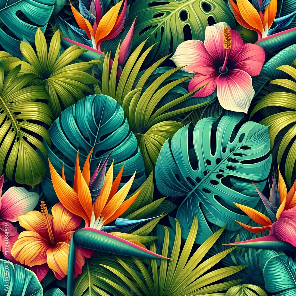 Pattern design of colorful tropical flowers and leaves Pattern design of colorful tropical flowers and leaves