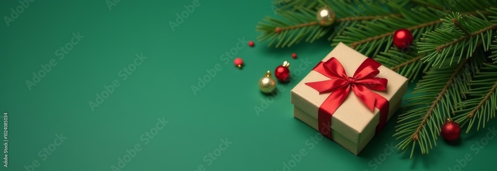 Christmas gift box with red ribbon and festive ornaments on green background decorated with pine branches Christmas gift box with red ribbon and festive ornaments on green background decorated with pine branches