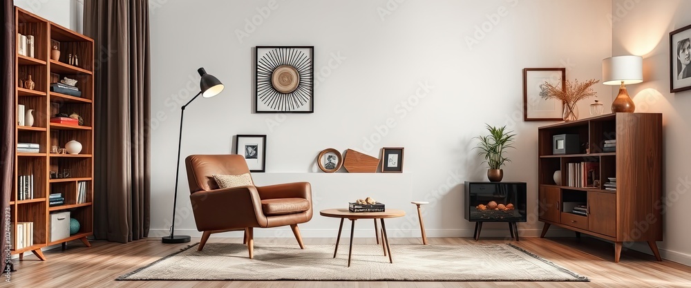 Modern retro living room with brown armchair, carpet, and bookcase. AI generate. Modern retro living room with brown armchair, carpet, and bookcase. AI generate.