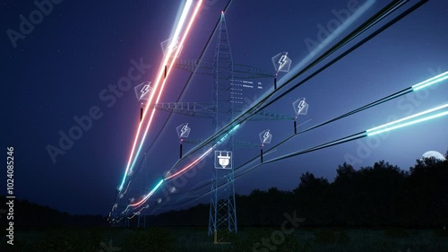Visualization of fast moving energy travelling through power pole wires over night sky. AR data of interconnected electrical grid network delivering electricity to households, 3d render animation