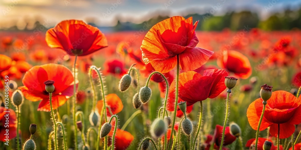 Obraz premium Close Up of Vibrant Wild Poppy Flowers in a Field with a Stunning Natural Red Background for Nature