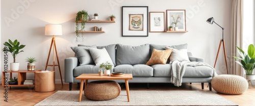 Wallpaper Mural Scandinavian living room with gray sofa, coffee table, and rattan pouf. AI generate. Torontodigital.ca