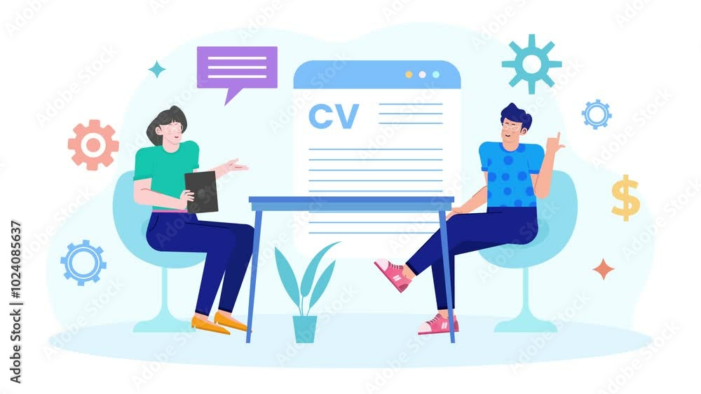 people discussing a CV in an office environment symbolizing job interviews and career development illustration animated video people discussing a CV in an office environment symbolizing job interviews and career development illustration animated video