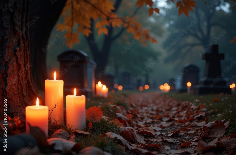 A tranquil cemetery pathway adorned with glowing candles and autumn leaves during a foggy evening in late October A tranquil cemetery pathway adorned with glowing candles and autumn leaves during a foggy evening in late October