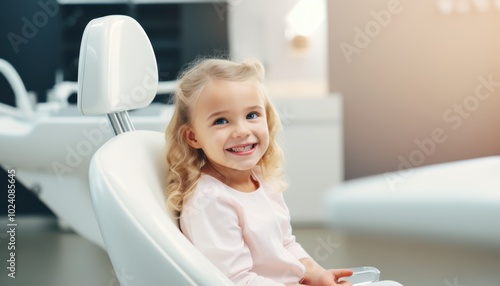 A little girl is happily seated in a dental chair, wearing a bright smile on her face as she enjoys her visit to the dentists office