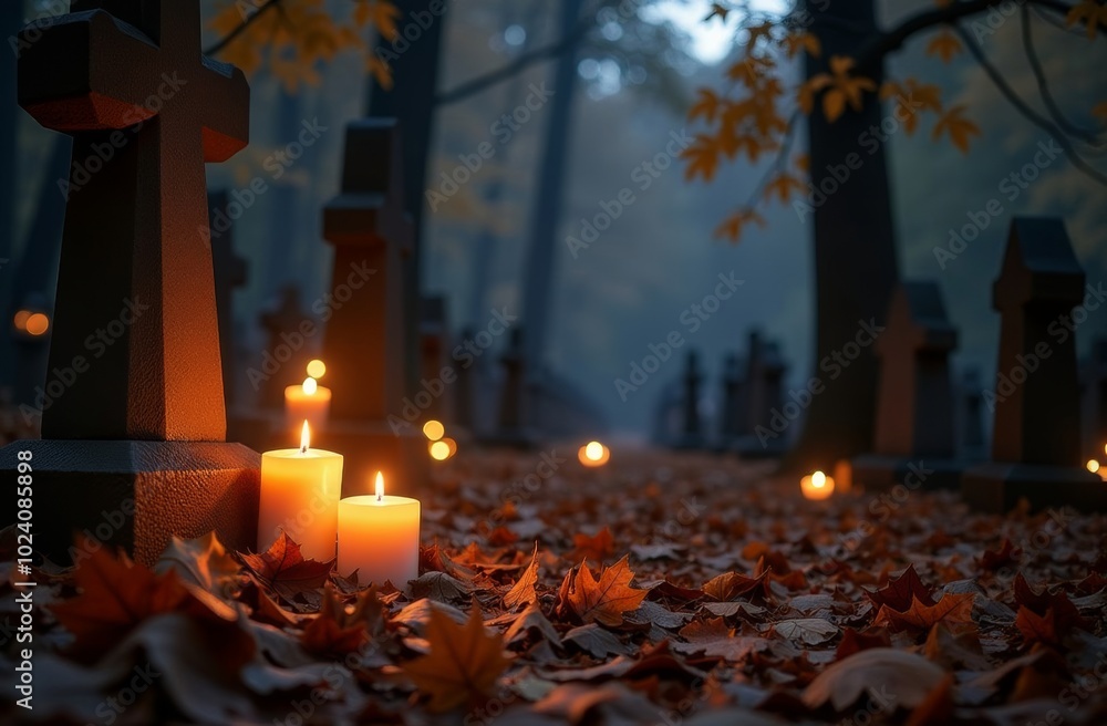Autumn evening at a quiet cemetery with candles illuminating tombstones surrounded by fallen leaves Autumn evening at a quiet cemetery with candles illuminating tombstones surrounded by fallen leaves