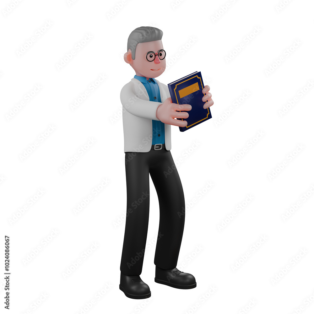 Illustrative 3D Male Physicist. A male physicist stands with both hands holding a blue book. Physics Leader