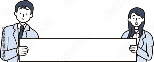 フリップを持って説明する若い男性と女性のビジネスマンのシンプルなイラスト素材