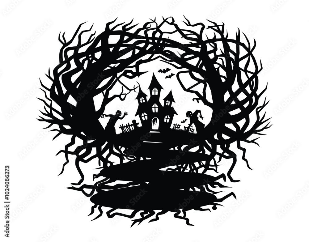 Obraz premium Creepy trees and a ghostly home vector EPS template