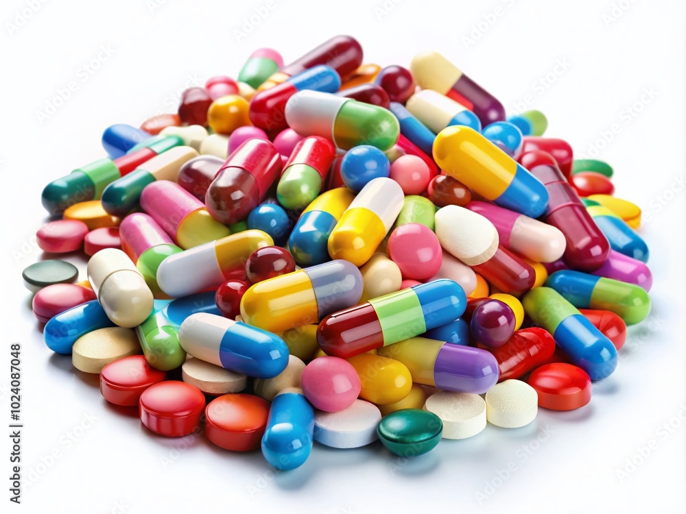 Colorful heap of medicine pills and capsules on a white background for health, pharmacy, and medical concepts Colorful heap of medicine pills and capsules on a white background for health, pharmacy, and medical concepts