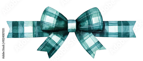 Green plaid ribbon bow, white isolate background. photo