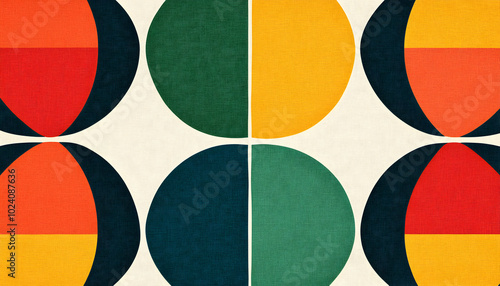 Abstract geometric pattern with half circles in red, orange, yellow, green and blue on a white background. photo