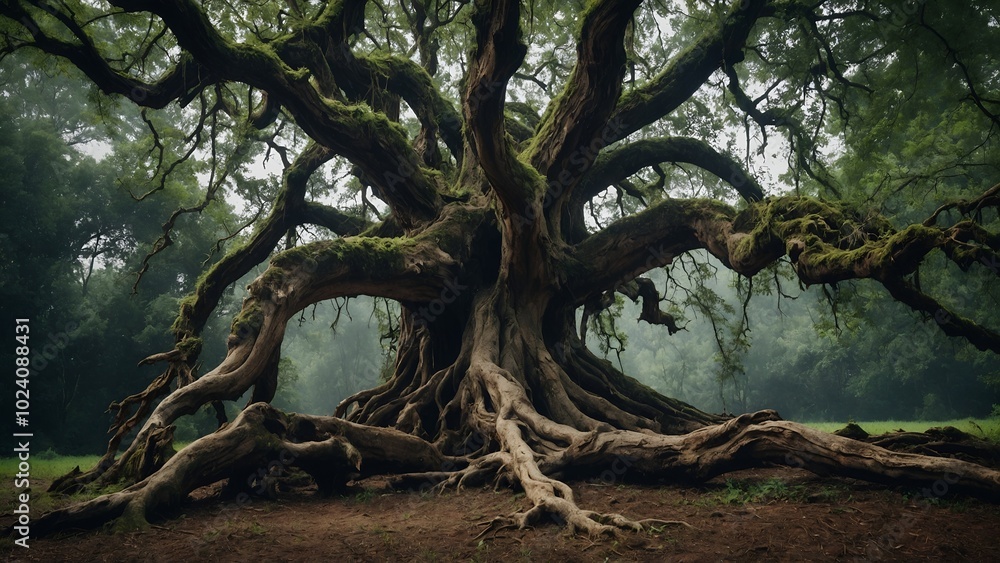 Large old tree with gnarled roots and twisted branches, cut out
Large old tree with gnarled roots and twisted branches, cut out