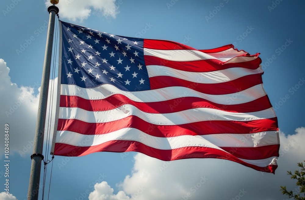 Obraz premium American flag waving proudly against a bright blue sky with fluffy clouds on a sunny day