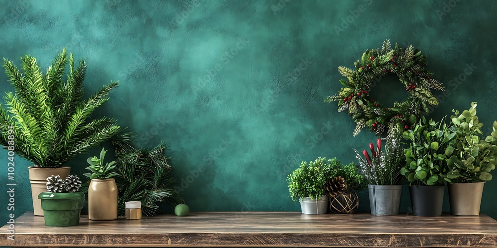 Rustic wooden desk with indoor plants and Christmas wreath, warm tones, vibrant green background, and room for message placement Rustic wooden desk with indoor plants and Christmas wreath, warm tones, vibrant green background, and room for message placement