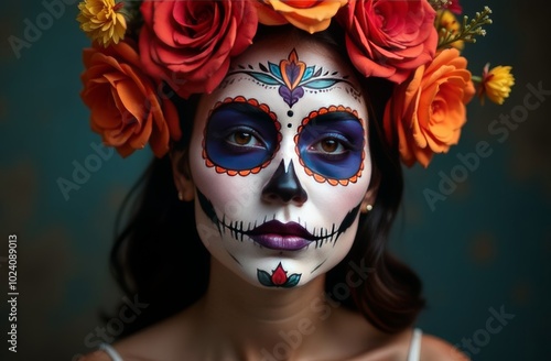 Woman with intricate skull makeup and floral crown celebrates Day of the Dead, showcasing vibrant artistic expression and cultural heritage