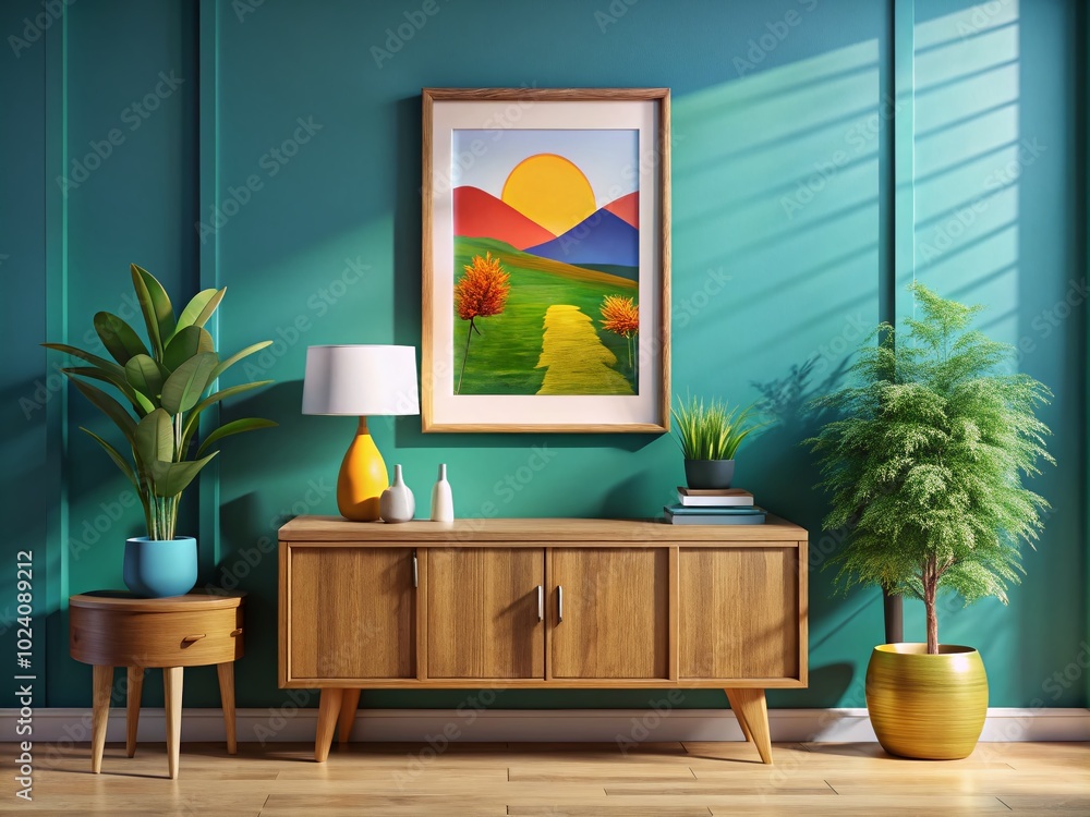 Cozy Interior with Wooden Frame on Cupboard, Perfect for Poster Frame Mockup and 3D Rendering Inspiration Ideas Cozy Interior with Wooden Frame on Cupboard, Perfect for Poster Frame Mockup and 3D Rendering Inspiration Ideas