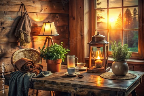 Cozy Interior with Wooden Table and Soft Lamp in Warm Sunlight - Bokeh Effect