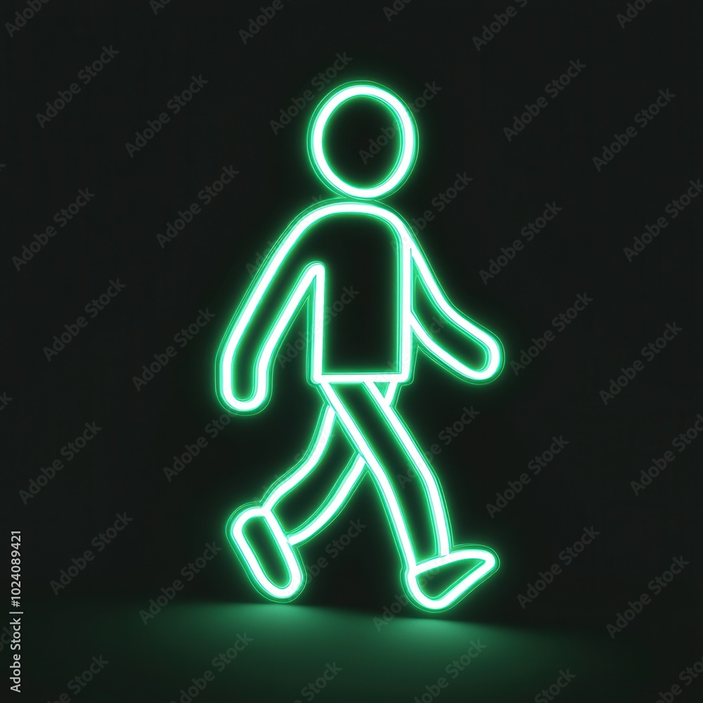 Glowing green neon sign of a walking person silhouette in darkness Glowing green neon sign of a walking person silhouette in darkness