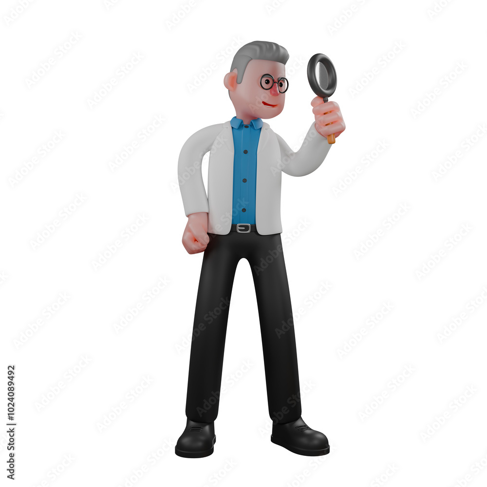 3D Illustration of a Physics Expert. A male physicist stands holding a magnifying glass in his left hand. Male Physicist 3D Illustration of a Physics Expert. A male physicist stands holding a magnifying glass in his left hand. Male Physicist