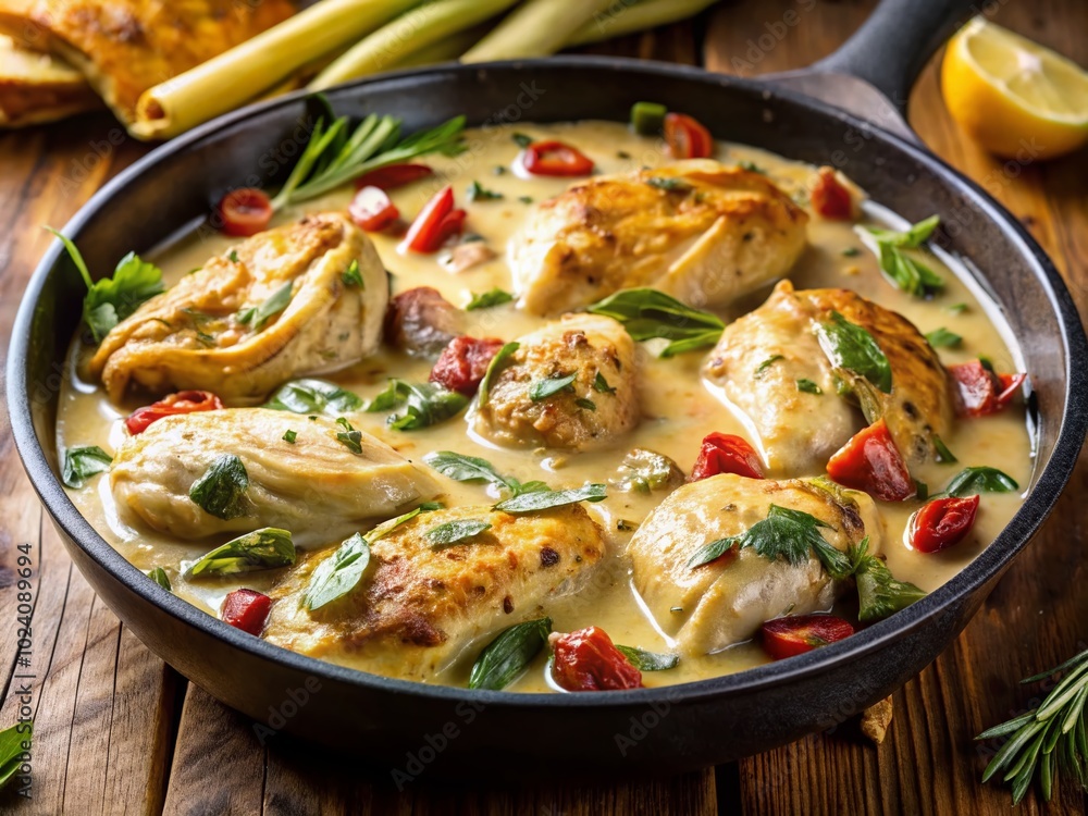 Creamy Tuscan Chicken with Artichoke and Garlic in Cast Iron Pan - Delicious Home Cooked Dinner Closeup Creamy Tuscan Chicken with Artichoke and Garlic in Cast Iron Pan - Delicious Home Cooked Dinner Closeup