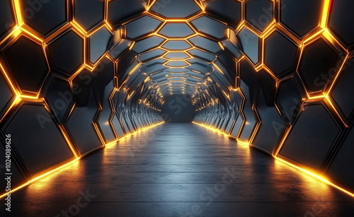 Golden yellow neon hexagon metal C4D sci-fi technology booth background