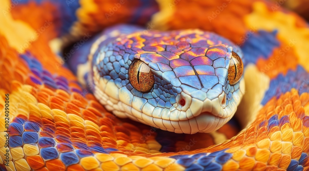 Close-up of a Vibrant Multicolored Snake with Intricate Scales. colorful reptile, exotic animal, dangerous tropical wildlife, reptile texture. Close-up of a Vibrant Multicolored Snake with Intricate Scales. colorful reptile, exotic animal, dangerous tropical wildlife, reptile texture.