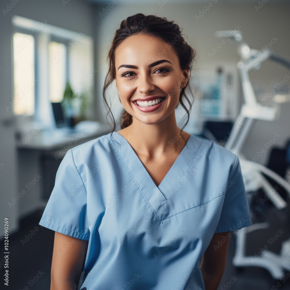 A woman dressed in bright electric blue scrubs is smiling warmly while standing in a dental office, radiating a friendly demeanor A woman dressed in bright electric blue scrubs is smiling warmly while standing in a dental office, radiating a friendly demeanor