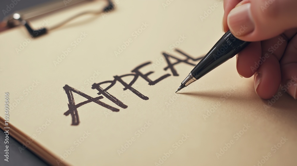 Fototapeta premium Close-up of hand writing appeal on paper with pen