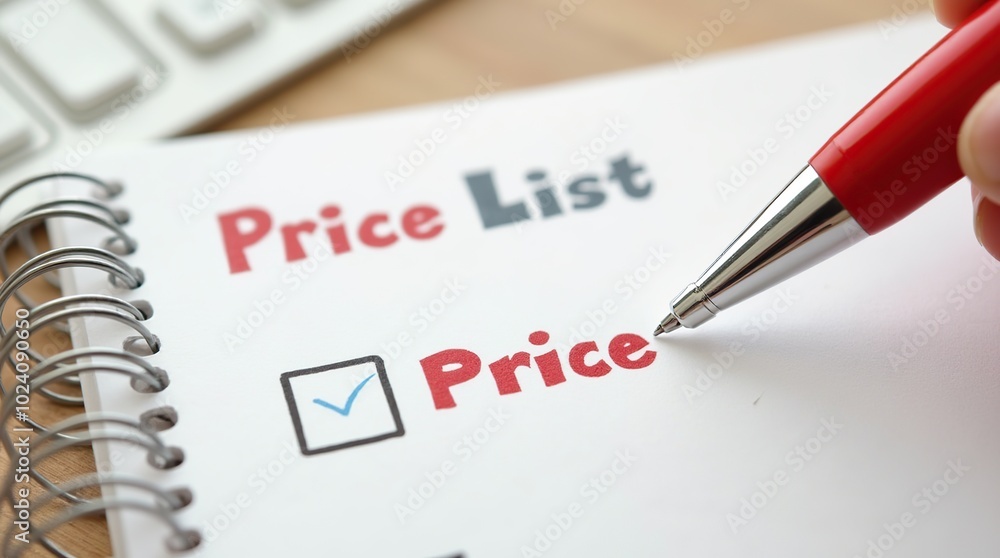 Price list written on notebook with red pen and checkmark Price list written on notebook with red pen and checkmark