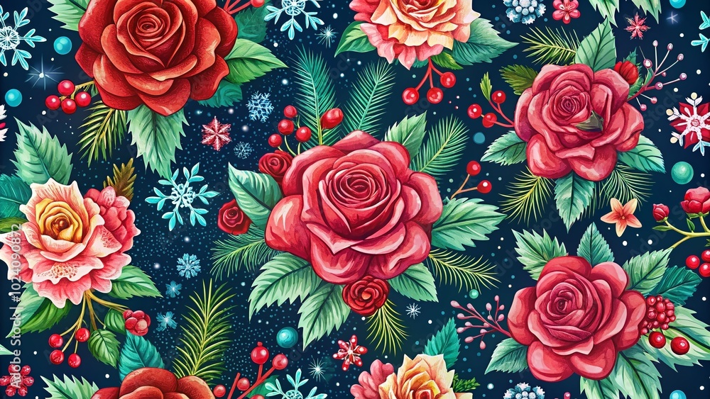 Cute Hand Drawn Festive Rose Flowers Seamless Pattern for Christmas Textile Design and Holiday Wallpaper Cute Hand Drawn Festive Rose Flowers Seamless Pattern for Christmas Textile Design and Holiday Wallpaper