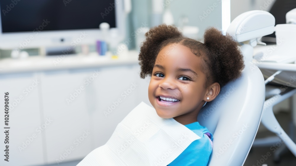 A little girl is happily sitting in a dental chair, showing her bright smile while enjoying her visit to the dentist and feeling content A little girl is happily sitting in a dental chair, showing her bright smile while enjoying her visit to the dentist and feeling content