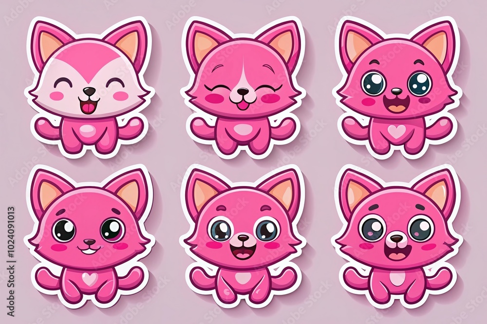 Cute Pink Cat Character Head Set Mascot Stickers with Emotions - Adorable Vector Animal Illustrations for Creative Cute Pink Cat Character Head Set Mascot Stickers with Emotions - Adorable Vector Animal Illustrations for Creative