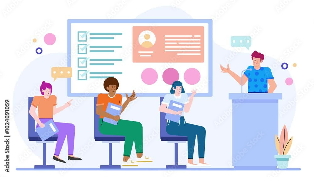 business teamwork engaged in a group presentation illustration animated video business teamwork engaged in a group presentation illustration animated video