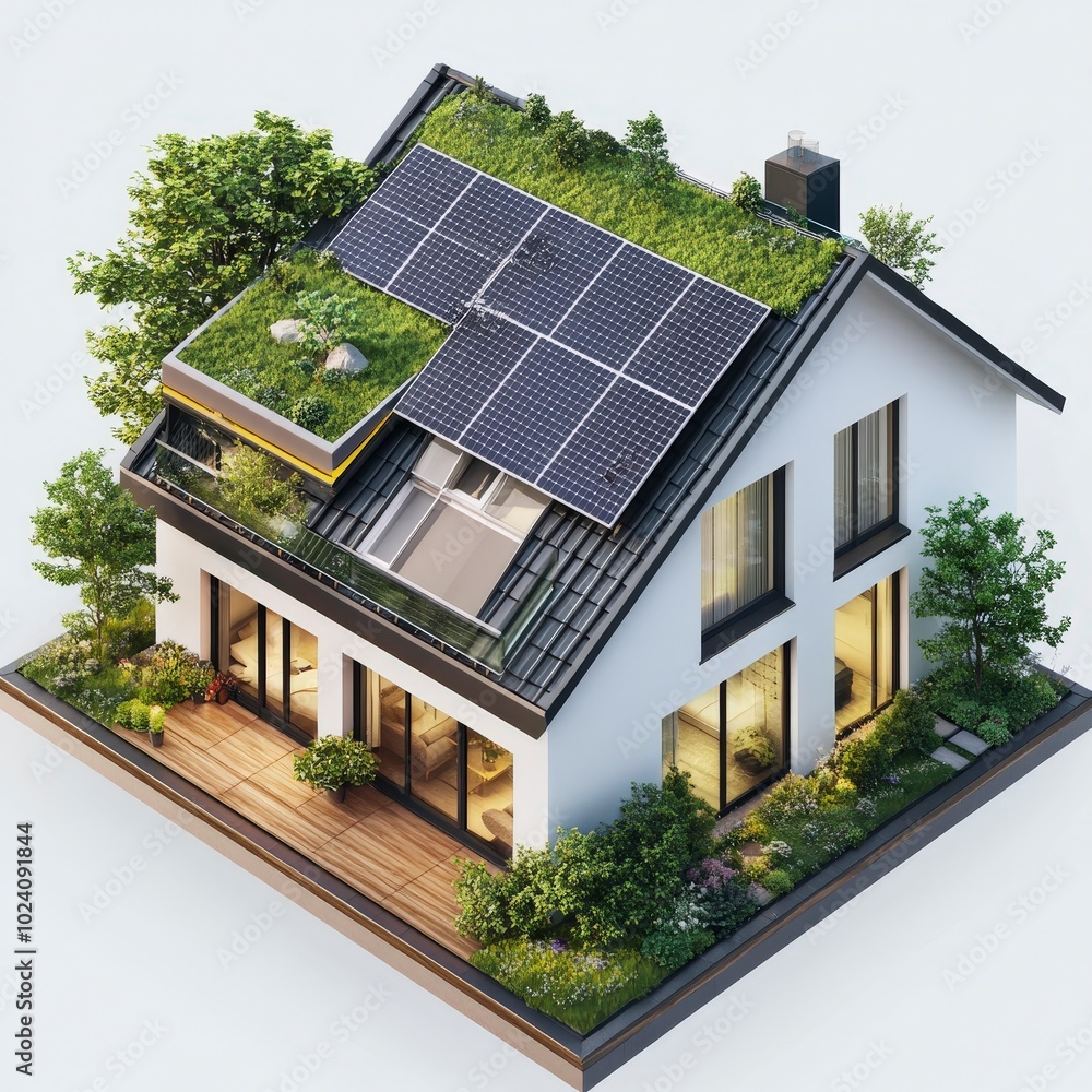 Modern eco-friendly house with solar panels and green rooftop garden Modern eco-friendly house with solar panels and green rooftop garden