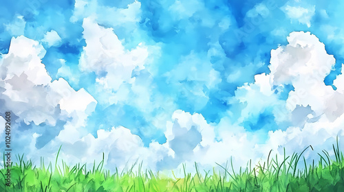 Watercolor abstract landscape with clouds on blue sky and green grass. hand painted background. Watercolor Landscape. Illustration
