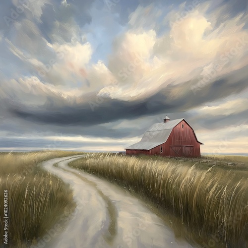 red barn field dirt road altostratus clouds narrow footpath rustic enormous secure unclad against wherever infinitely long corridors prairie photo