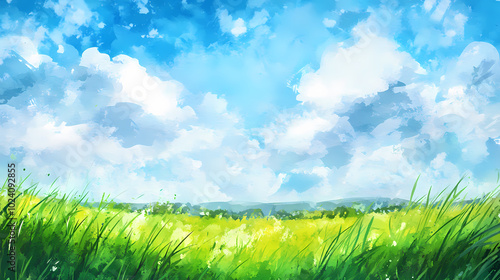 Fototapeta Naklejka Na Ścianę i Meble -  Watercolor abstract landscape with clouds on blue sky and green grass. hand painted background. Watercolor Landscape. Illustration